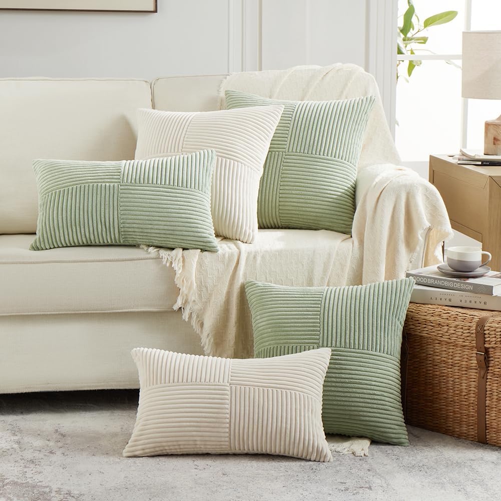 Fancy Homi 2 Packs Sage Green Lumbar Decorative Throw Pillow Covers 14x24 Inch for Couch Bed, Rustic Farmhouse Boho Home Decor, Soft Striped Corduroy Rectangle Accent Cushion Case 35x60 cm
