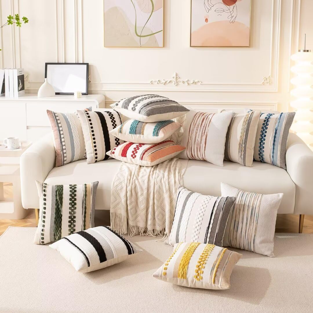 Boho Throw Pillow Covers 18x18 Set of 2 Christmas Decorative Cushion Case Striped Square Pillows Cover Chenille Pillow Cases Accent Neutral Pillowcase for Sofa Couch Bed,Dark Green