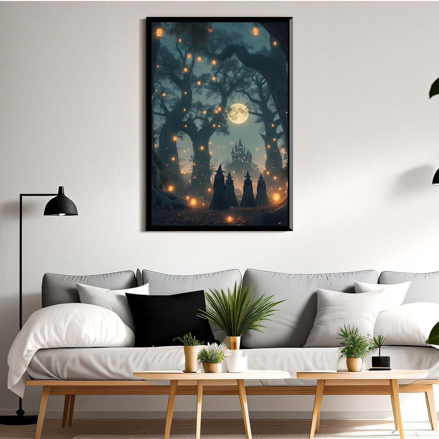 JFHCQJPK Mysterious creek painting witch and castle in magic forest art print canvas gothic print dark college decoration poster for home bedroom12x16in Metal blackFramed