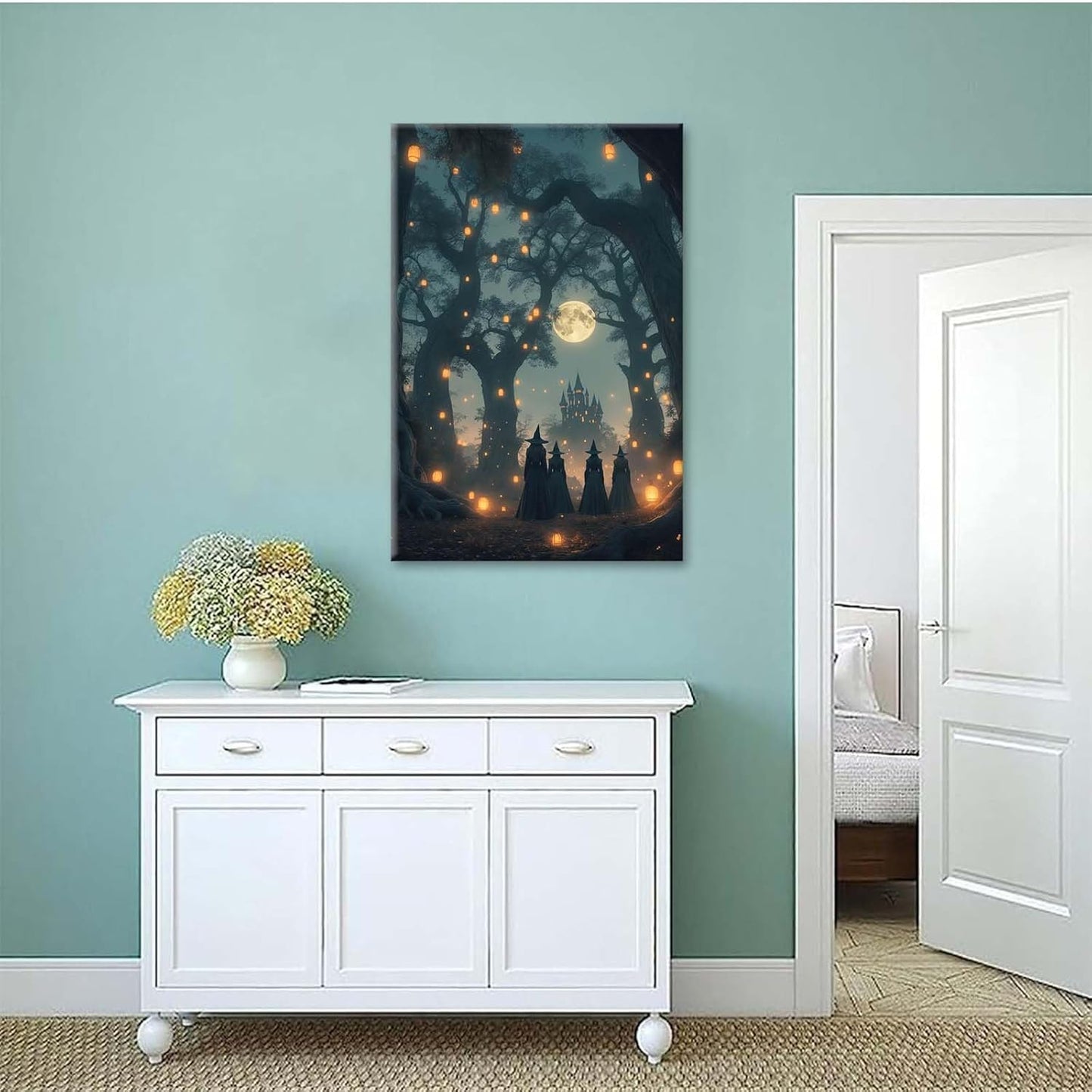 JFHCQJPK Mysterious creek painting witch and castle in magic forest art print canvas gothic print dark college decoration poster for home bedroom12x16in Frameless