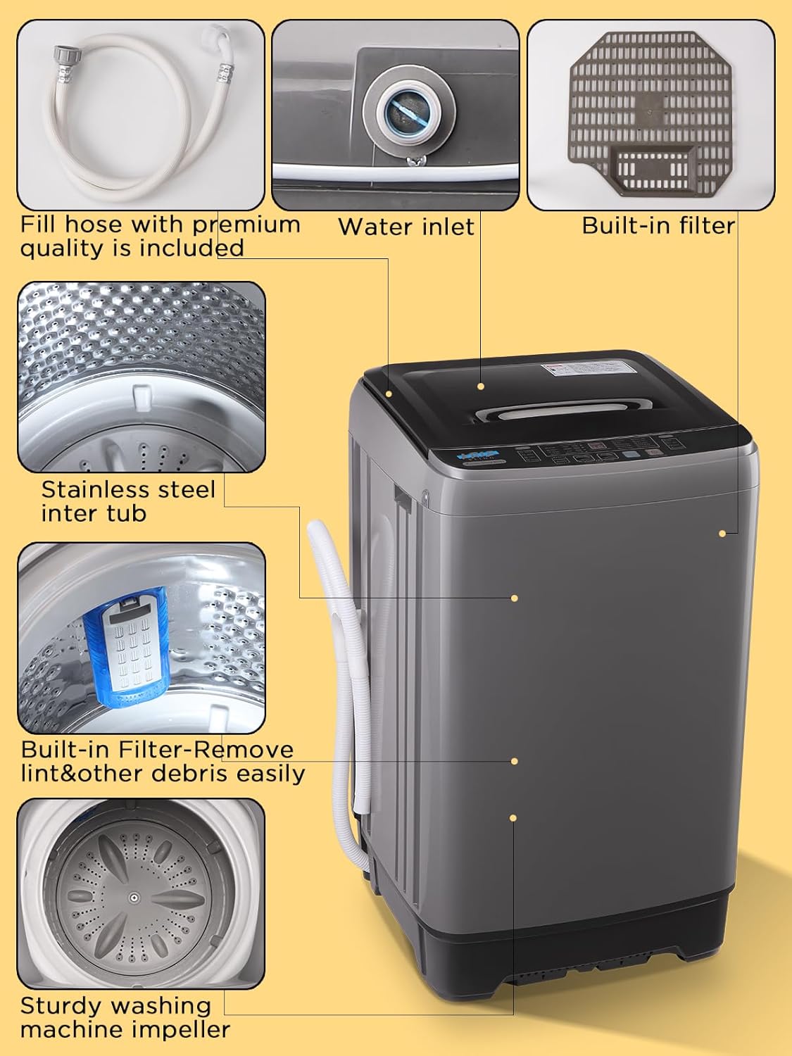 17.7 lbs Full-Automatic Washing Machine with LED Display, Portable Compact Laundry Washer with Drain Pump, 10 Wash Programs 8 Water Levels, Grey