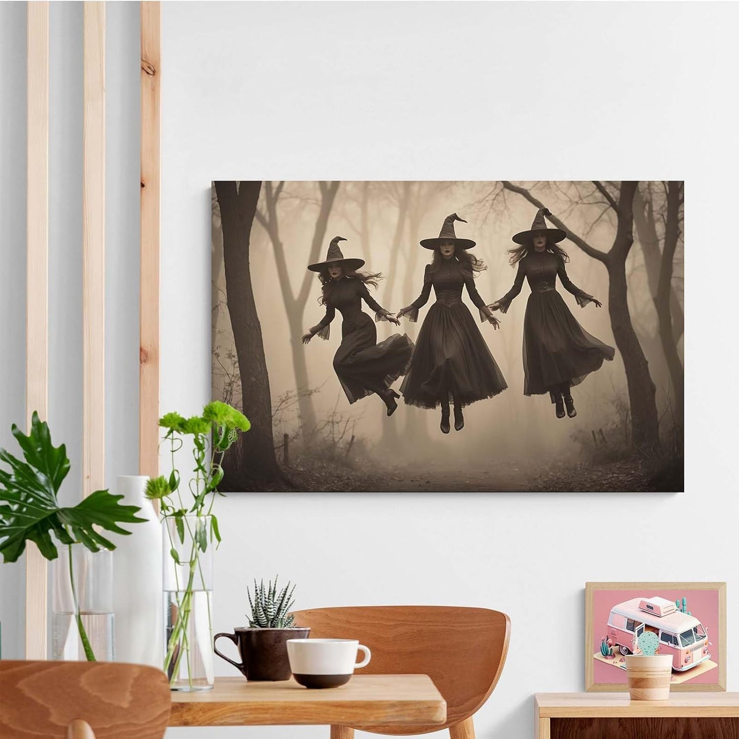 JFHCQJPK Three ghost witches flying in vintage forest gothic wall art witchcraft decoration holiday gift canvas wall art print24x36in Frameless