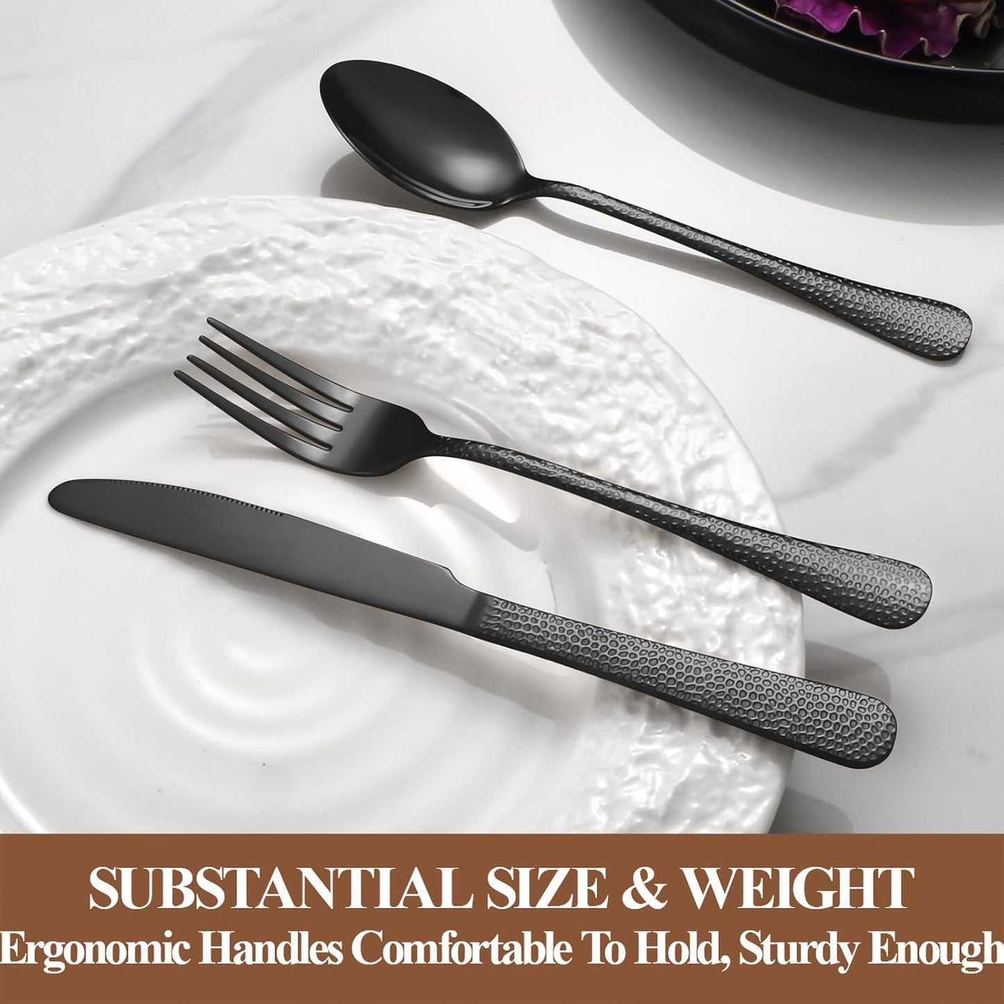 40 Pcs Black Silverware Set for 8 with Hammered Design, Food Grade Stainless Steel Flatware Set, Eating Utensils Sets Include Fork/Knife/Spoon, Cutlery Set, Dishwasher Safe