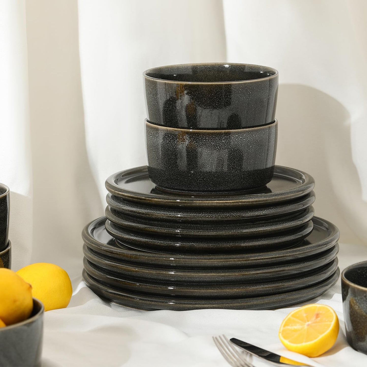 Stone Lain Eden 12-Piece Dinnerware Set Stoneware, Plates and Bowls Set, Dishwasher and Microwave Safe Dish, Dish Set for 4, Charcoal Grey