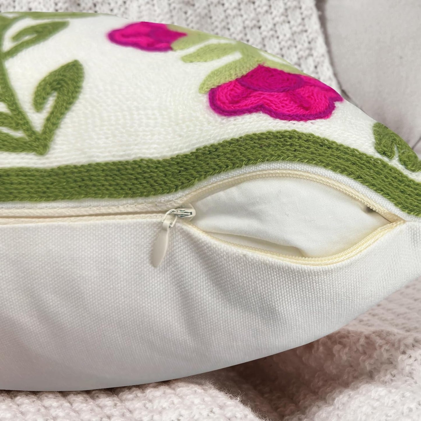 Alysheer Flower Embroidered Summer Decorative Lumbar Throw Pillow Cover 12"x 20", Farmhouse Cottage Hot Pink Floral Green Leaves Patterned Cotton Canvas Cushion Case for Sofa Couch Bed Living Room