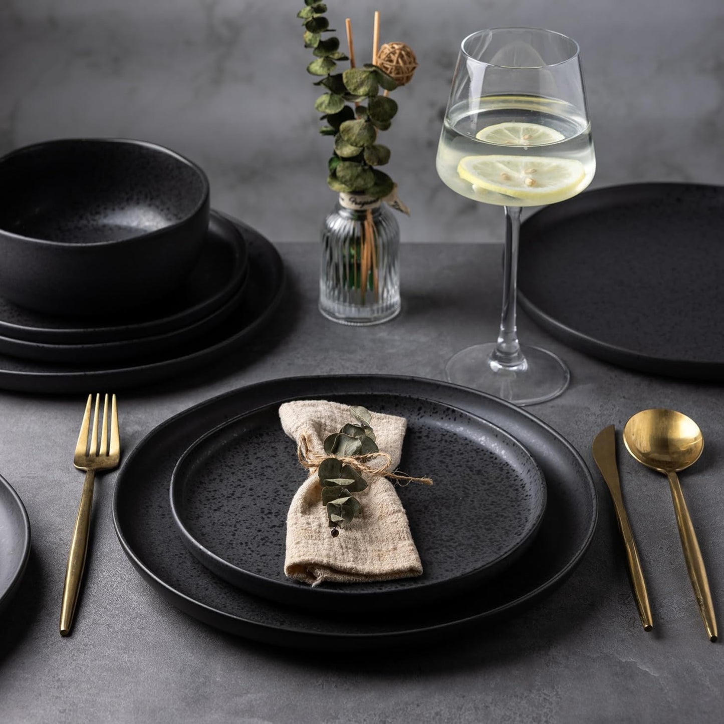 AmorArc Ceramic Dinnerware Sets, Wavy Rim Stoneware Plates and Bowls Sets, Highly Chip and Crack Resistant | Dishwasher & Microwave Dishes set, Service for 4 (12pc)-Speckled Matte Black