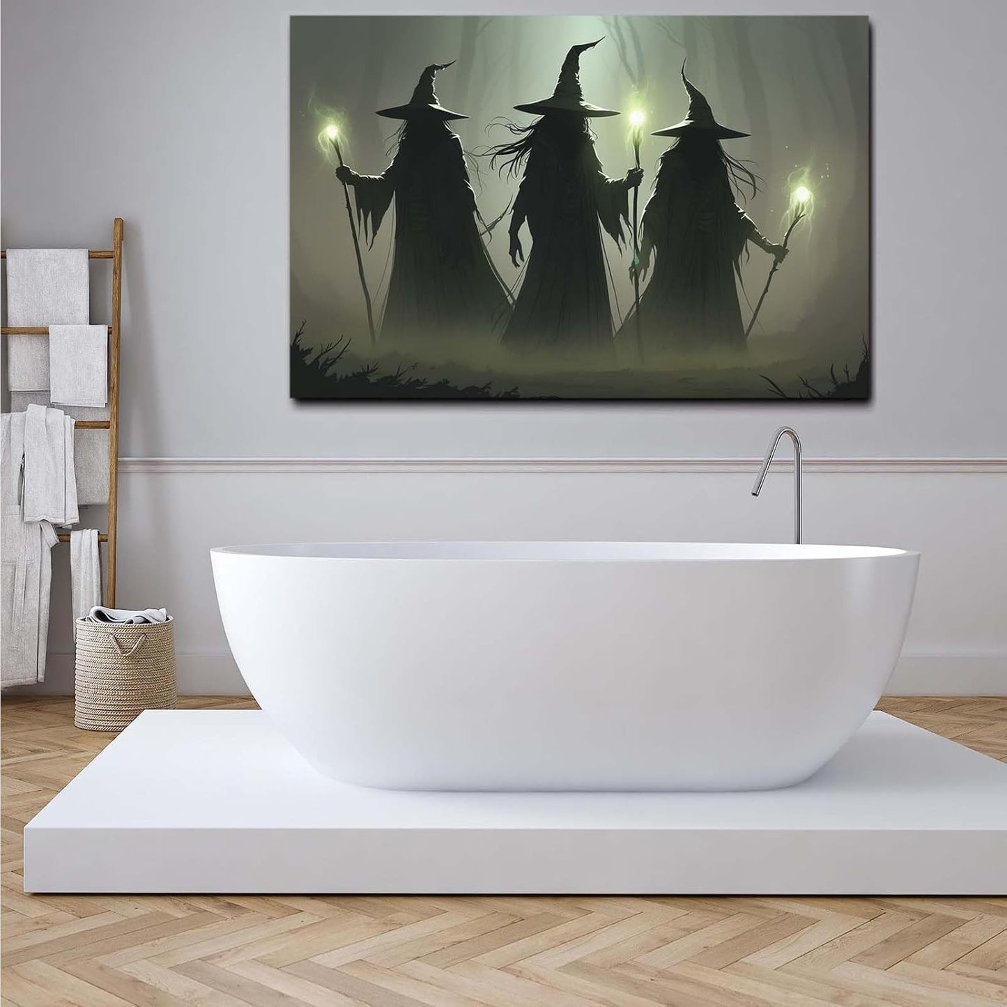 JFHCQJPK Vintage 3 witches canvas wall decor melancholy dark Halloween poster wall decor holding a staff print Gothic horror Halloween painting print for living room bedroom24x36in Frameless