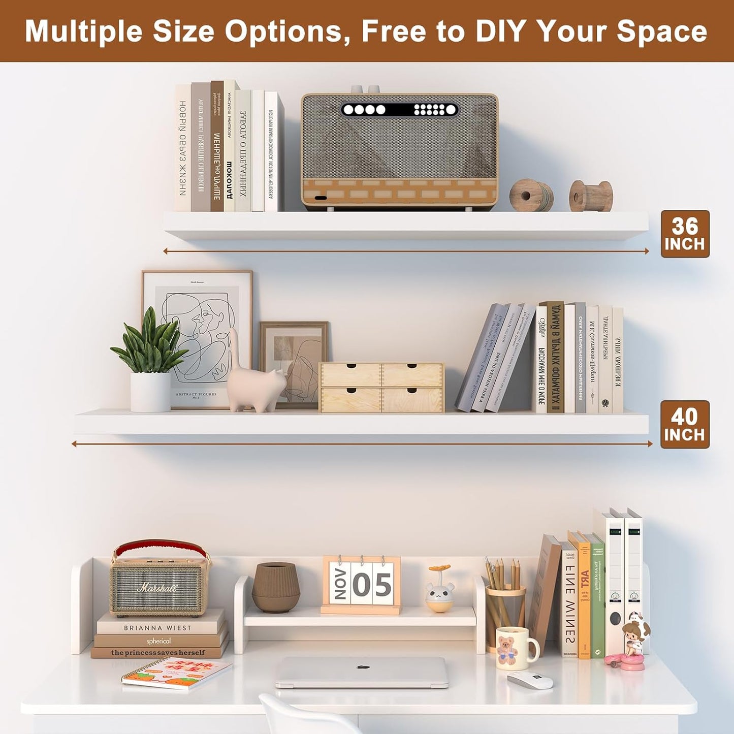 12 Inch Deep Floating Shelves for Wall 2 Pack White Floating Shelves Large Storage Space Wall Mount Shelf for Living Room Kitchen Bathroom 36" W x 12" D x 1.2" White