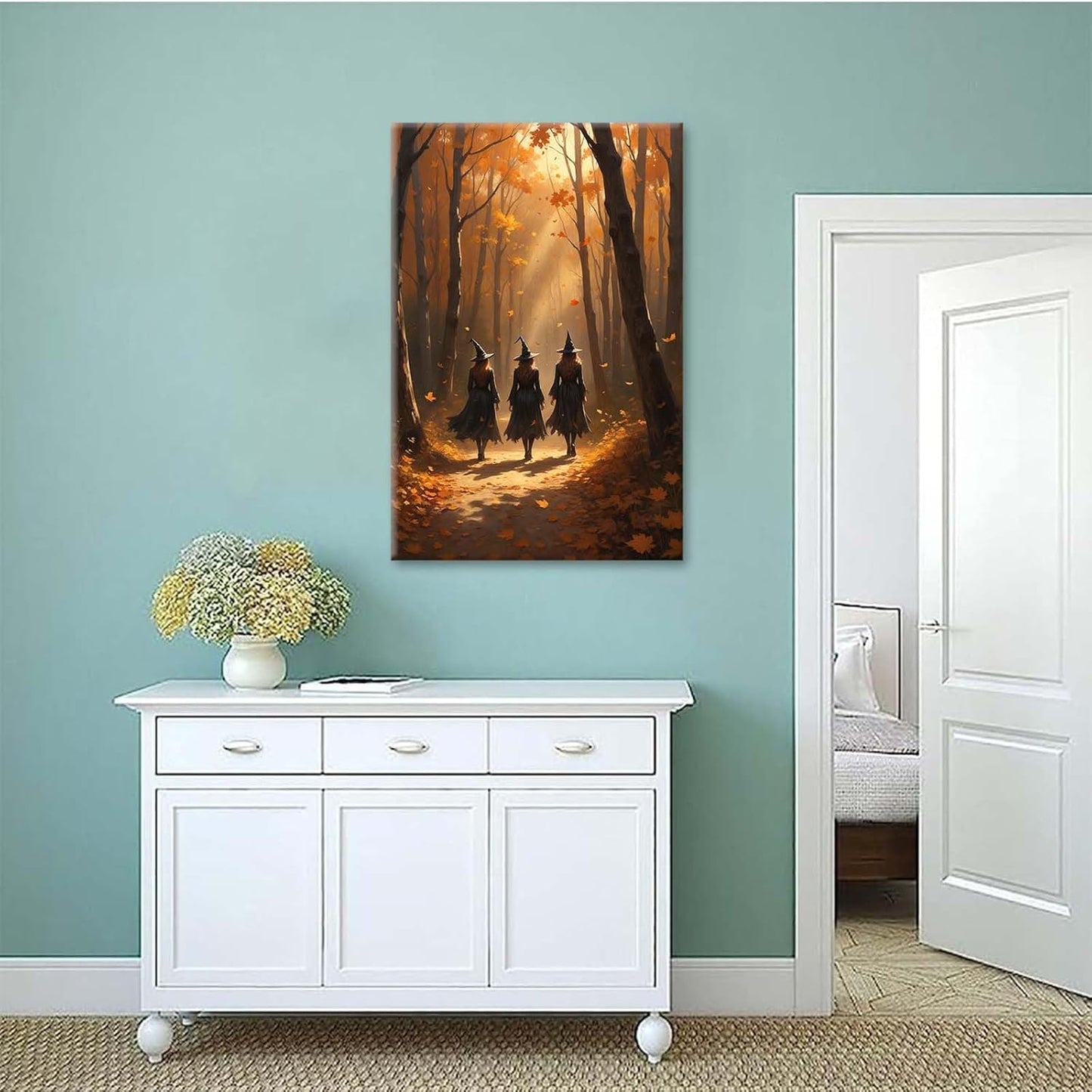 JFHCQJPK Three witches walking in the forest in autumn canvas painting gothic poster halloween print country witch wall art for home decoration24x36in Frameless