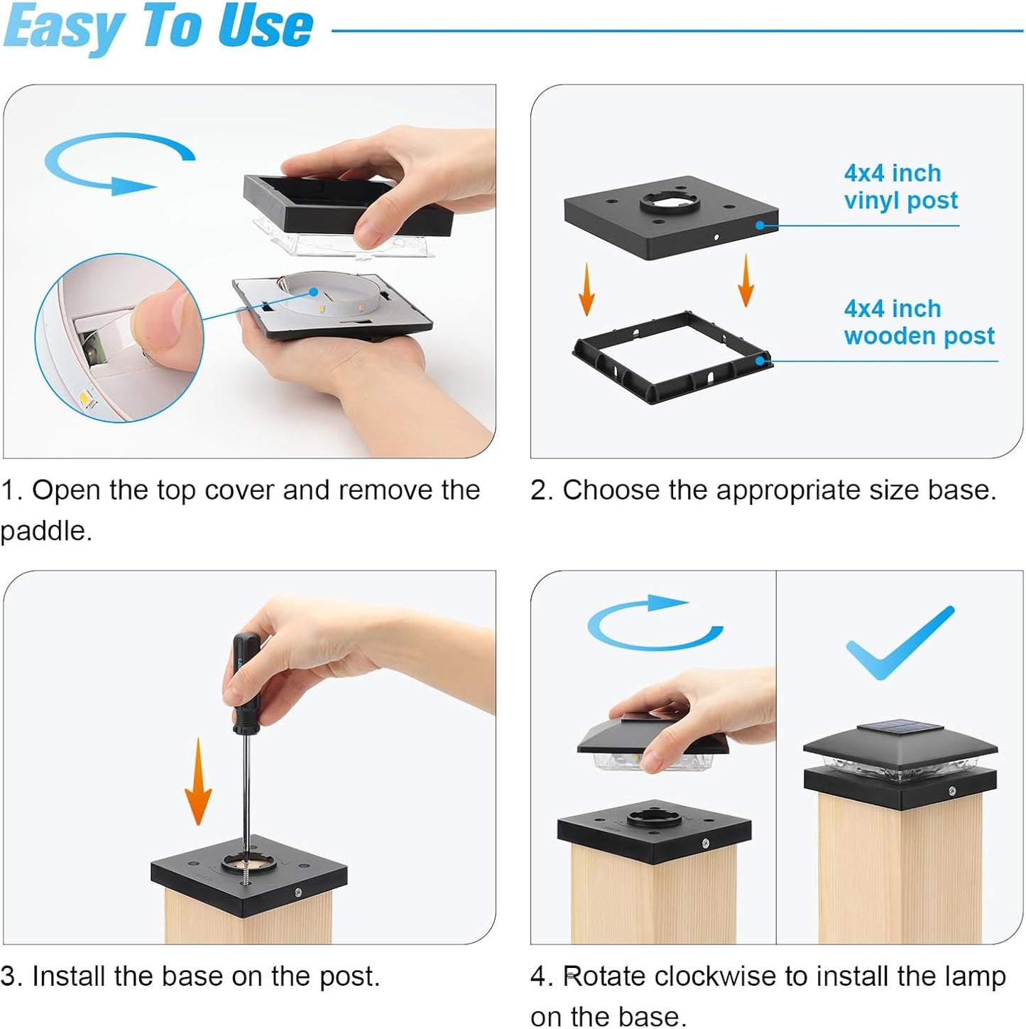 VOLISUN 4x4 Solar Post Cap Light 16pack,Solar Fence - Post Lights Outdoor Waterproof for Wooden/Vinyl Post, White Deck Post Cap Light Solar Powered with Warm White for Garden/Patio/Porch, Black