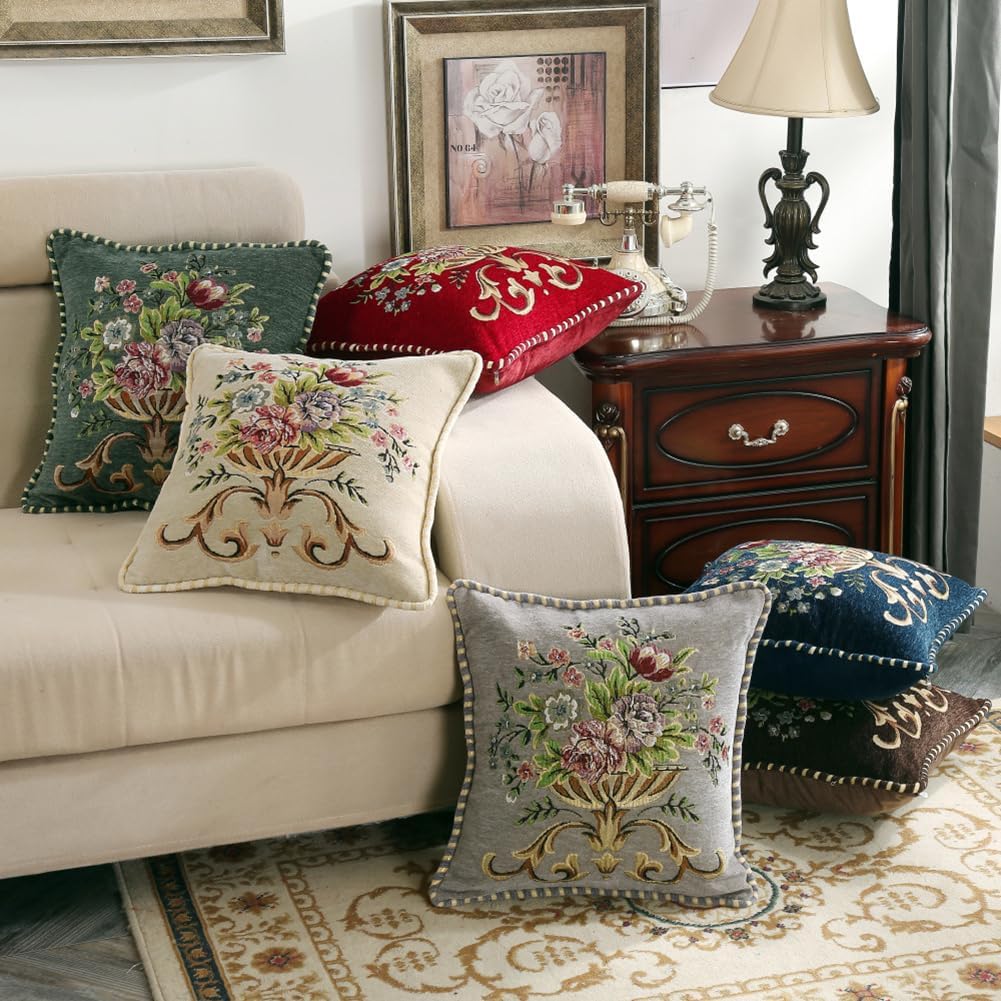 Set of 2 Blue Vintage Embroidered Throw Pillows Covers 18x18in,Vintage Decorations Floral Embroidered Cushion Cover for Sofa Couch Bed Chairs Car