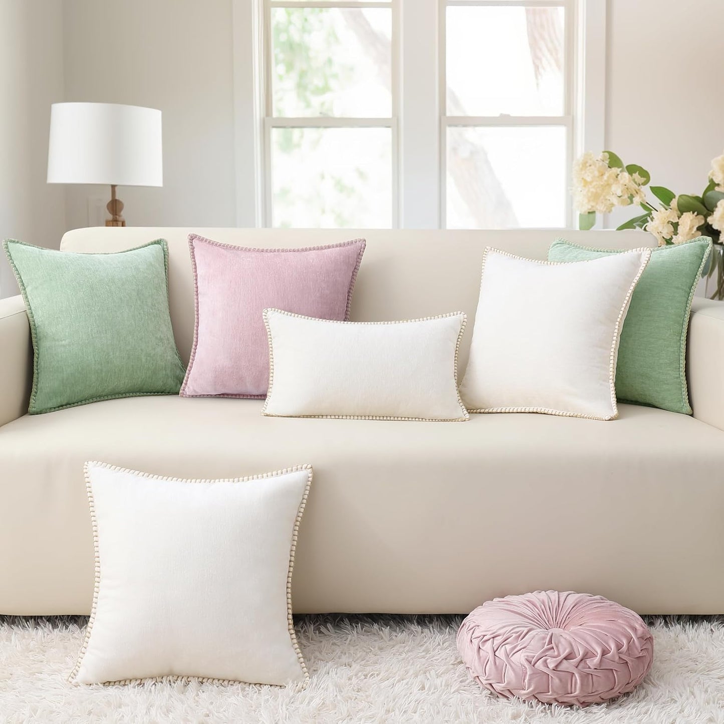 decorUhome Chenille Soft Throw Pillow Covers 24x24 Set of 2, Farmhouse Velvet Neutral Decorative Euro Pillow Covers with Stitched Edge for Couch Sofa Bed Home Decor, Blush Pink