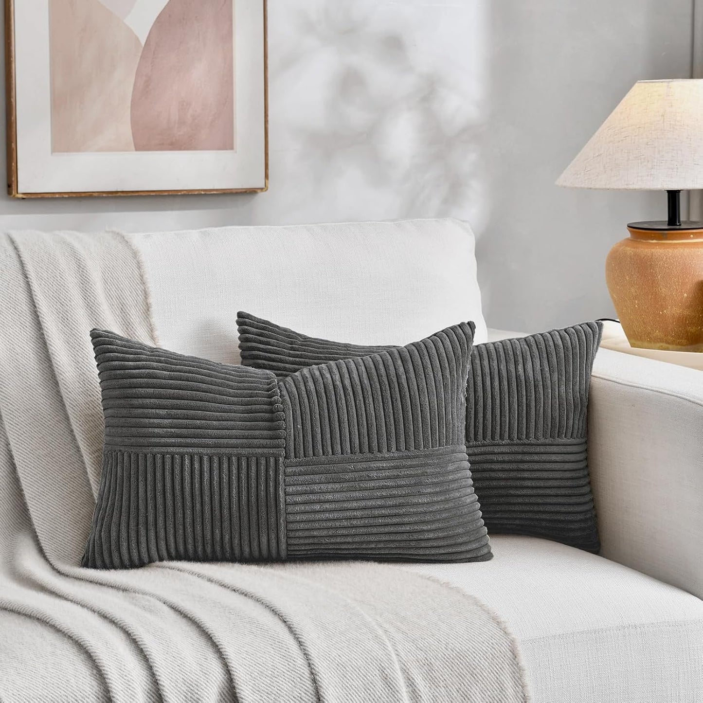 Fancy Homi 2 Packs Dark Gray Long Lumbar Decorative Throw Pillow Covers 16x24 Inch for Couch Bed Sofa, Rustic Farmhouse Boho Home Decor, Soft Striped Corduroy Rectangle Accent Cushion Case 40x60 cm