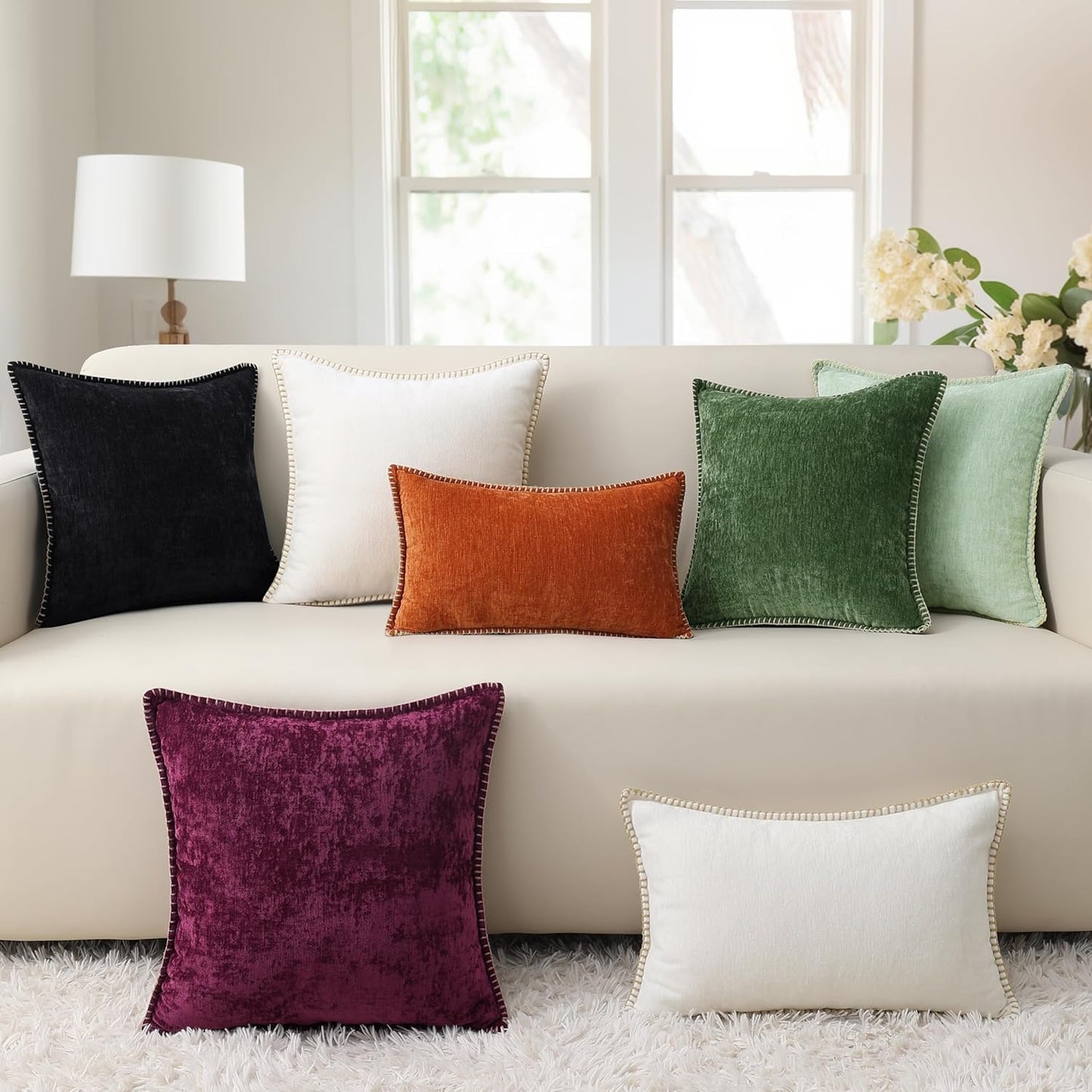 decorUhome Chenille Soft Throw Pillow Covers 24x24 Set of 2, Farmhouse Velvet Neutral Decorative Euro Pillow Covers with Stitched Edge for Couch Sofa Bed Home Decor, Black