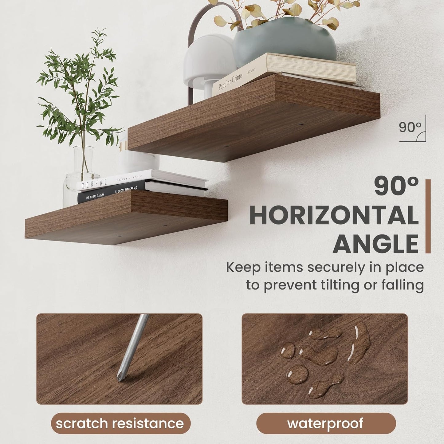 48 Inch Floating Shelves, 8 Inch Deep Floating Shelves for Wall, Hanging Shelf with Invisible Brackets, Deep Shelves for Bathroom, Bedroom, Living Room, Walnut, Set of 1