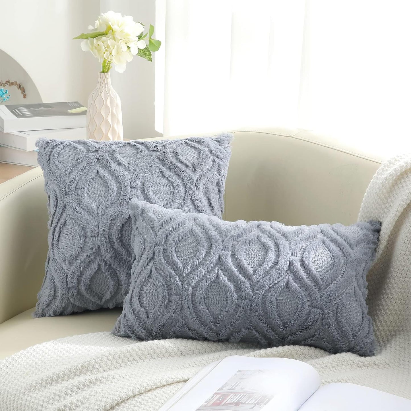 decorUhome Fall Throw Pillow Covers 24x24 Inch Set of 2, Soft Plush Decorative Faux Fur Blue Grey Solid Couch Pillow Covers, Accent Farmhouse Neutral Square Euro Pillow Cases for Sofa Bed Living Room