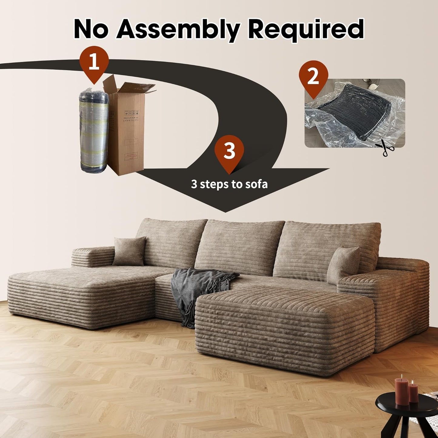108" Sectional Couches for Living Room Modern Modular Sofa with L-Shape Couchs Upholstered Boneless Couch Deep Seat Sectional Couch with Chaise (Camel, Left Facing Chaise+2Seaters+1Ottoman)