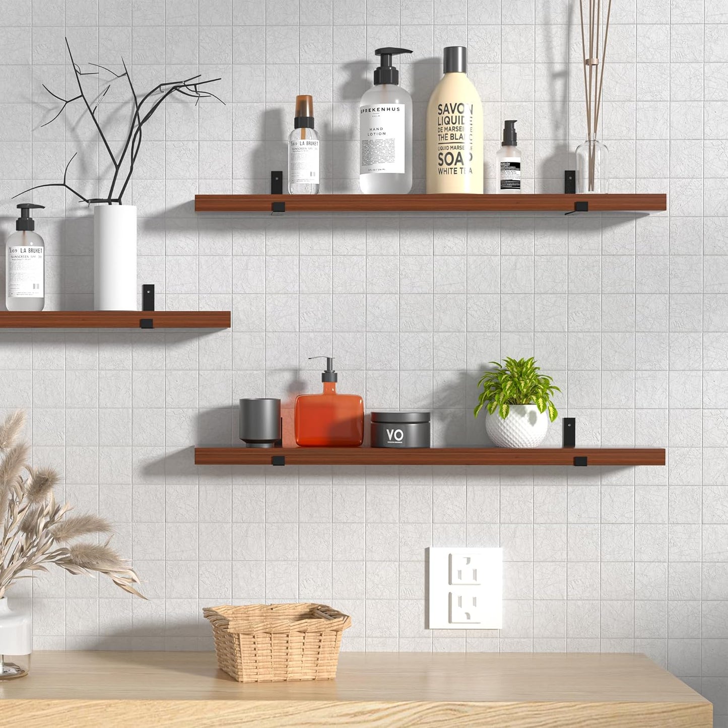CONSDAN Floating Shelves for Wall Mounted Book Shelf Hanging Shelves Floating Bookshelf for Bedroom, Bathroom, Living Room, Kitchen USA Grown Solid Hardwood, Dark Maple 16x7.5x1.5 in (Set of 3)