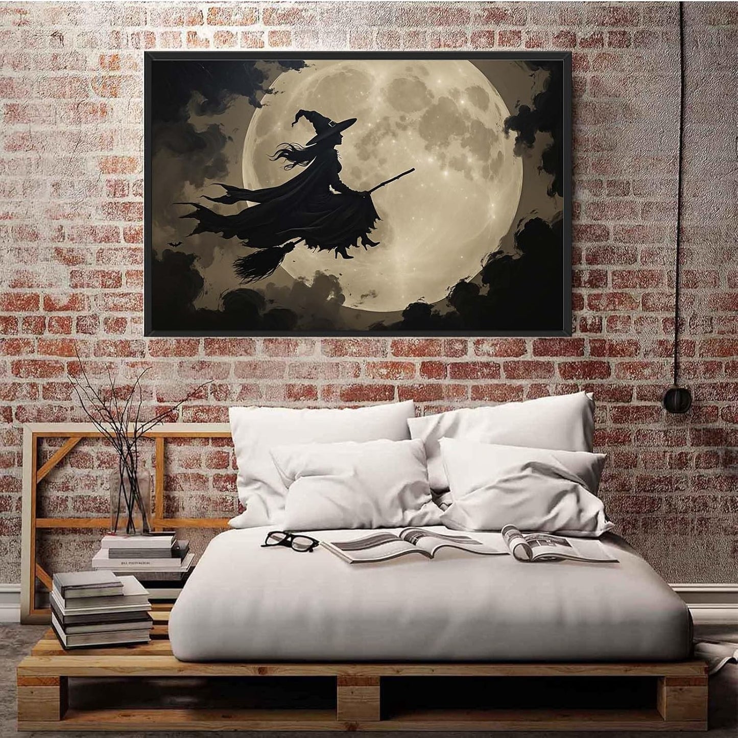 JFHCQJPK Full moon witch silhouette poster witch on magic broom Halloween mural poster decorative mural art suitable for home living room bedroom8x12in Metal blackFramed