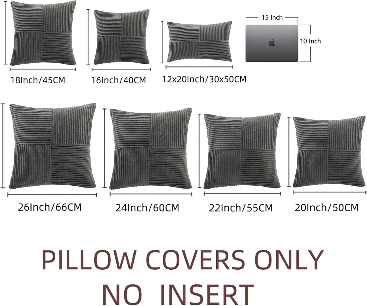 Fancy Homi 2 Packs Dark Gray Samll Decorative Throw Pillow Covers 14x14 Inch with for Couch Bed Sofa, Rustic Farmhouse Boho Home Decor, Soft Corss Patchwork Corduroy Square Cushion Case 35x35 cm
