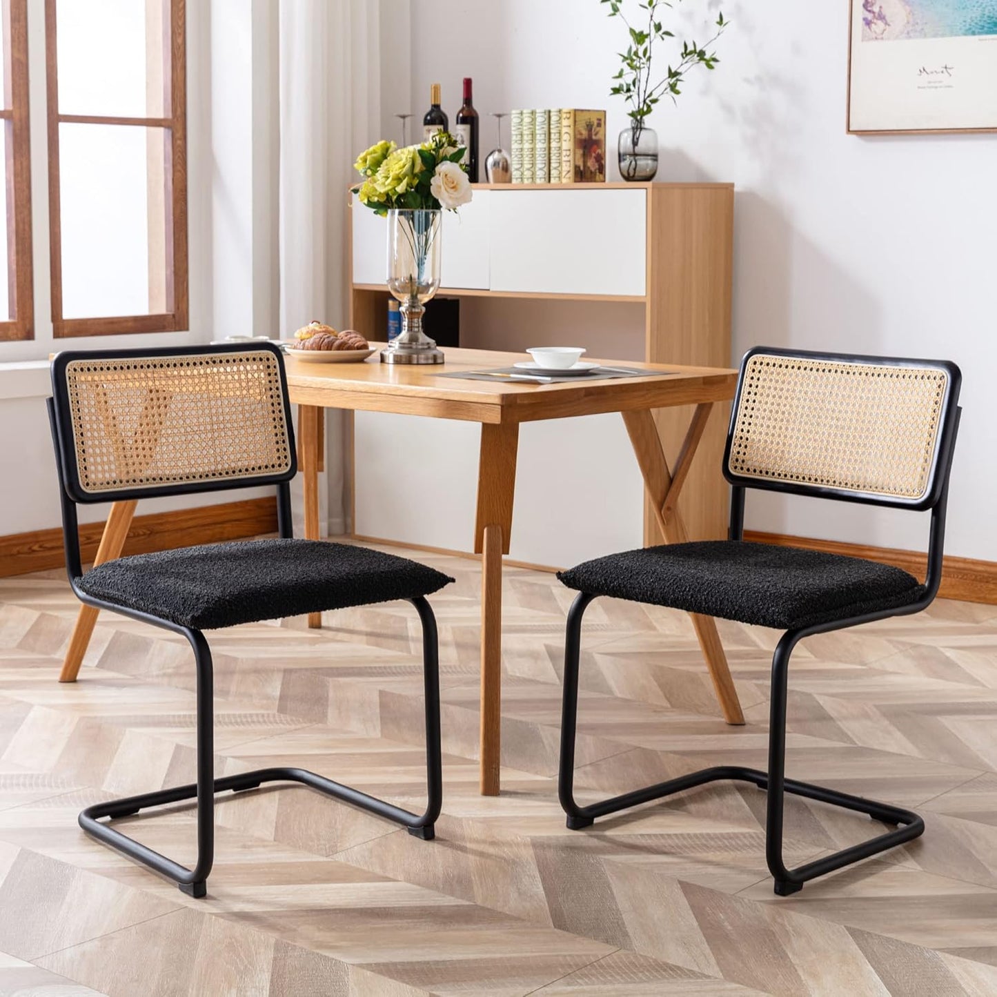 Mid Century Modern Rattan Dining Chairs Set of 4, Boucle Kitchen Chairs with Handwoven Mesh Rattan Backrest and Metal Legs, Upholstered Accent Side Chairs, Black