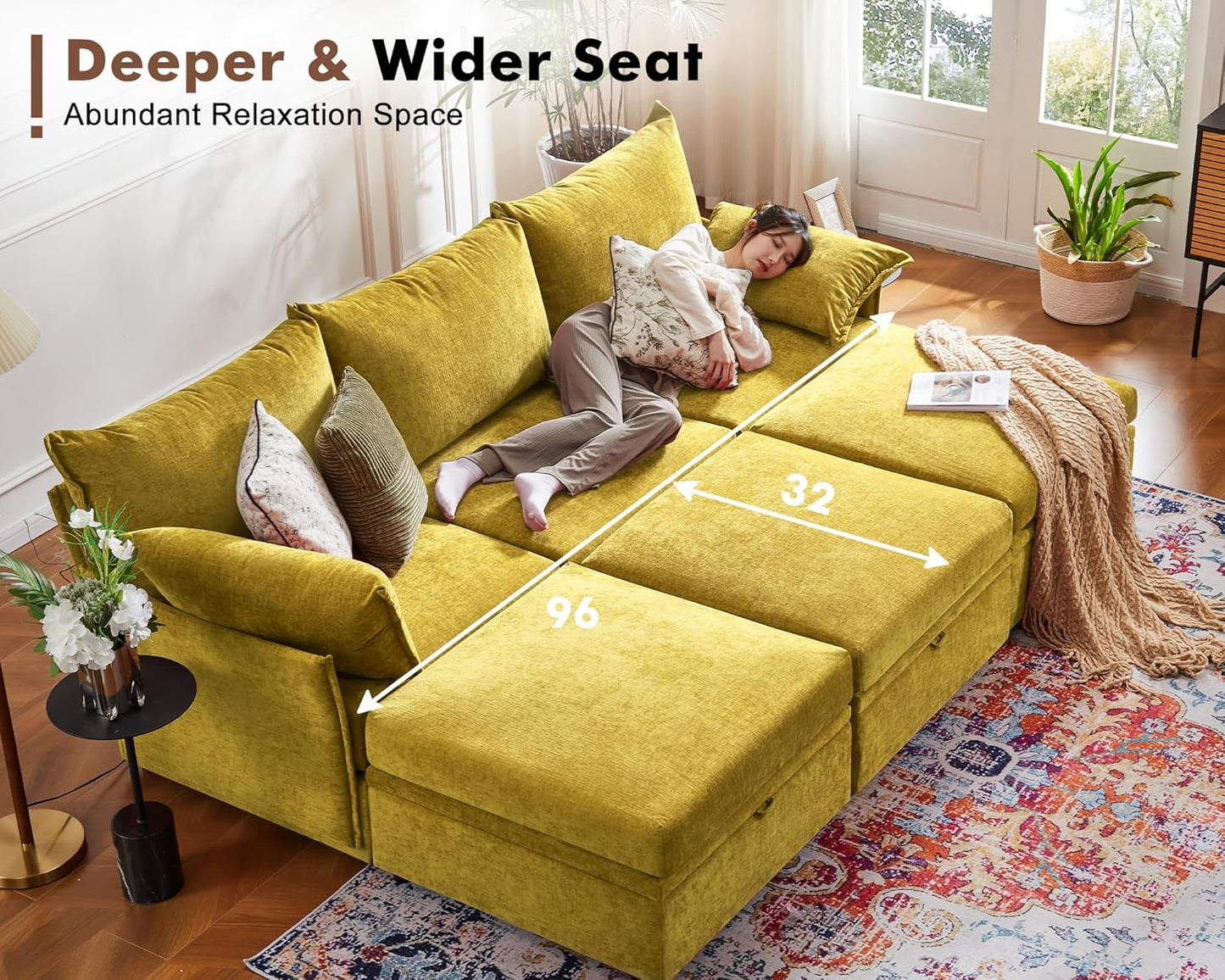 102.6" Modular Sectional Sofa, Oversized 3-Seater Couch with Removable Yellow Chenille Fabric Cover, Deep Seat & High Backrest for Living Room, Office & Apartment