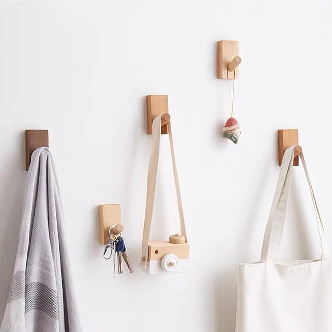 HomeDo 8Pack Adhesive Wall Hooks Hat Rack, Wooden Coat Hooks Wall Mounted - Image 5