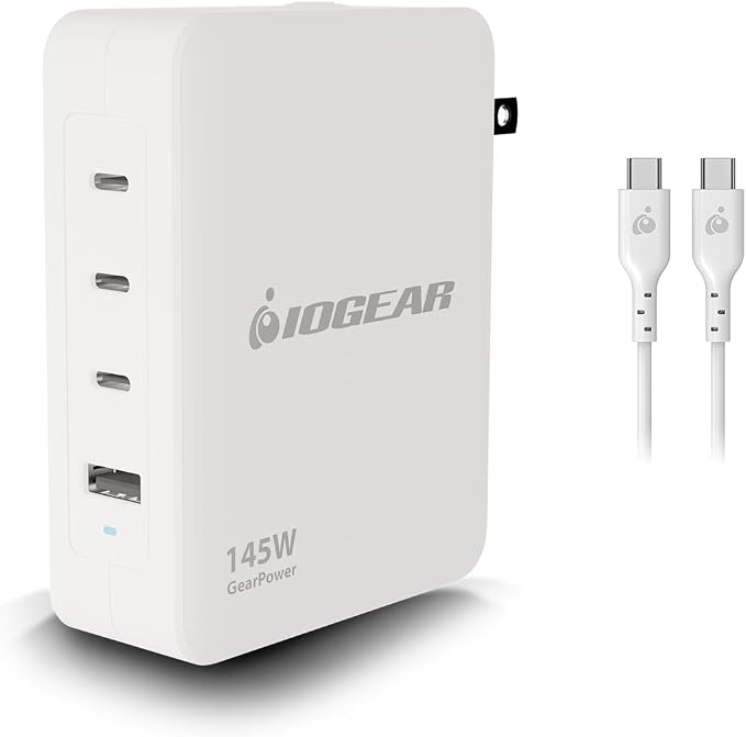 IOGEAR GearPower 145W Multiport Charger, 4 Port, USB-C Cable, iPhone 16 by IOGEAR