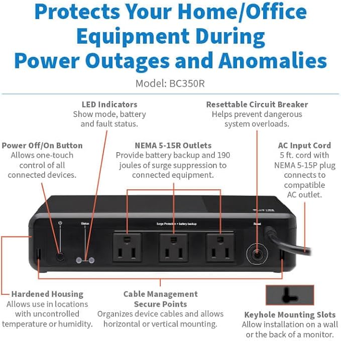 Tripp Lite 350VA UPS Desktop Battery Backup and Surge Protector, 3 Outlets - Image 2