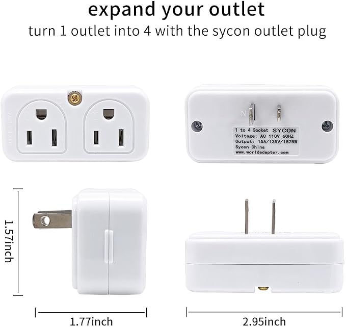 SYCON Adapter Outlet Extender, 2-Prong Mini Wall Plug - Image 3