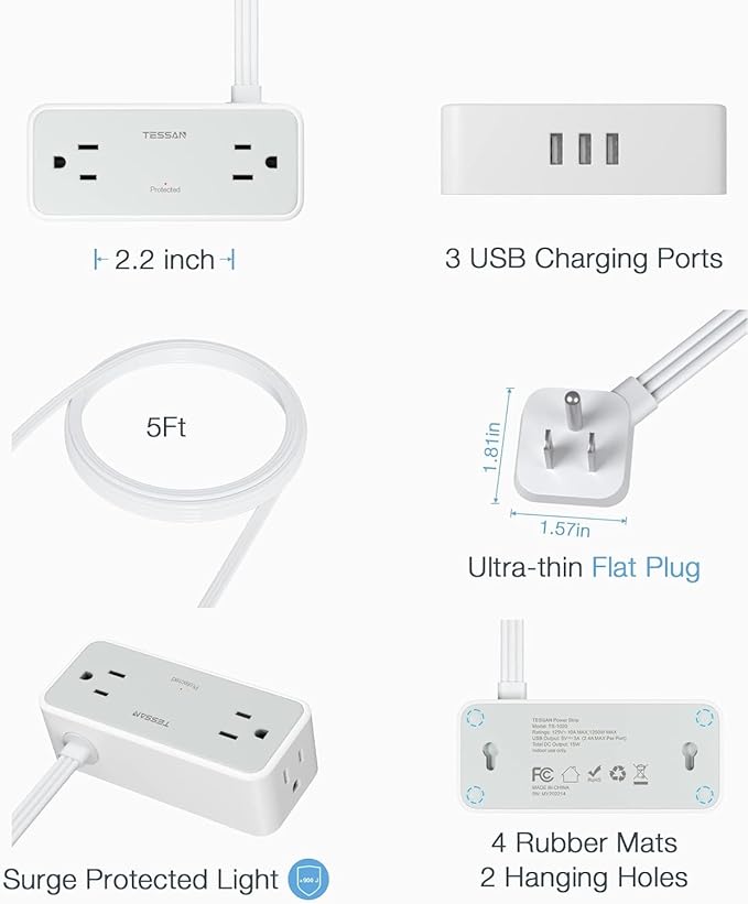 Ultra Thin 5FT Flat Extension Cord, TESSAN Surge Protector Flat Plug Power Strip - Image 6