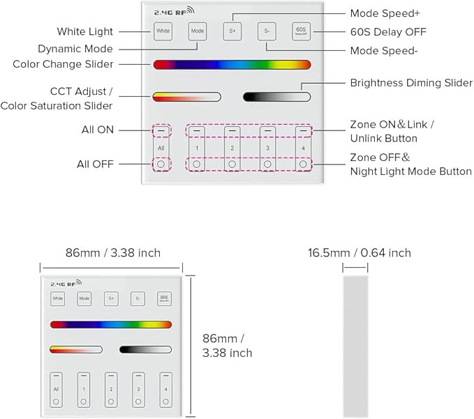 BTF-LIGHTING 4 Zones RGB RGBW RGBCCT Wireless 2.4G RF Wall Mounted Smart Panel - Image 6
