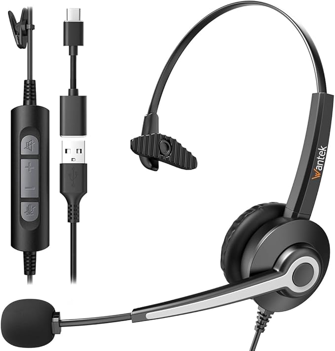 Wantek Monaural Corded USB Headsets by Wantek