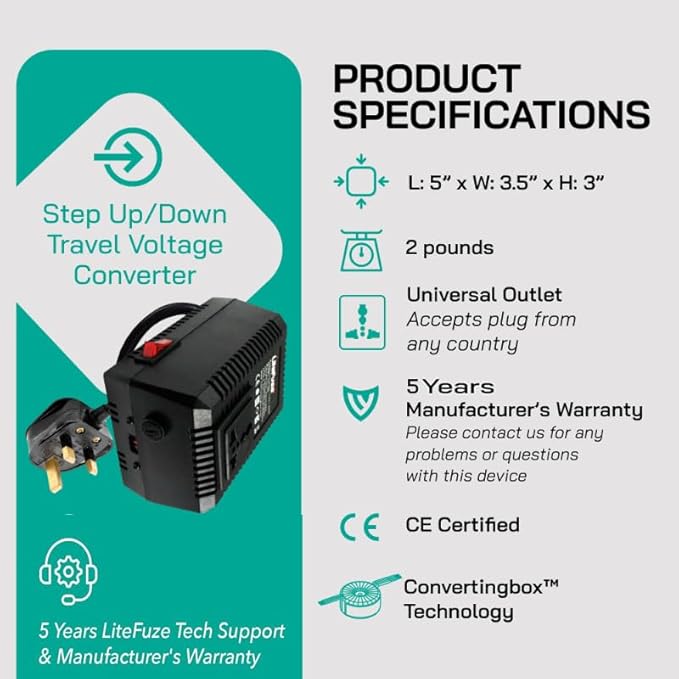 LiteFuze 500 Watt Step Up/Step Down Travel Voltage Converter, 220/110v to - Image 8