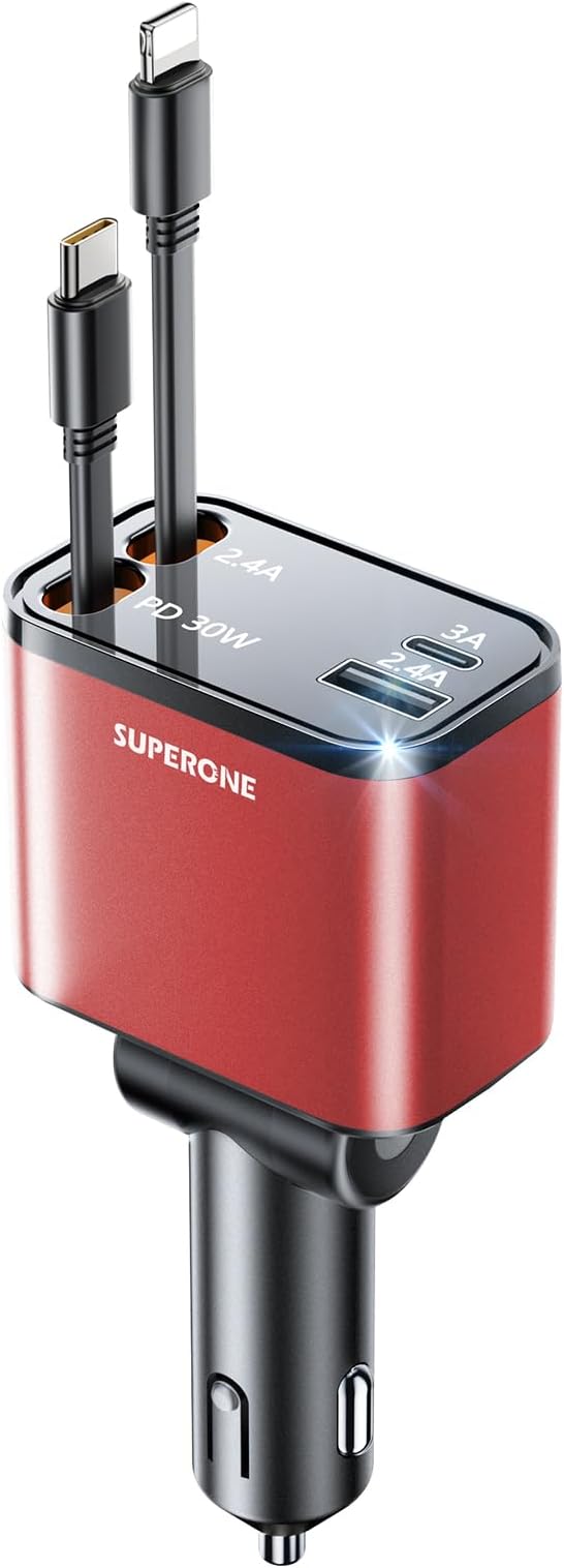4 in 1 Retractable Car Charger, SUPERONE Smaller Fast Car Phone Charger 69W by SUPERONE