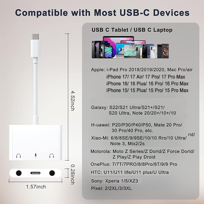 Headphone Adapter for iPad, Headphone Splitter for 2 Headphones, 3 in 1 USB C - Image 7