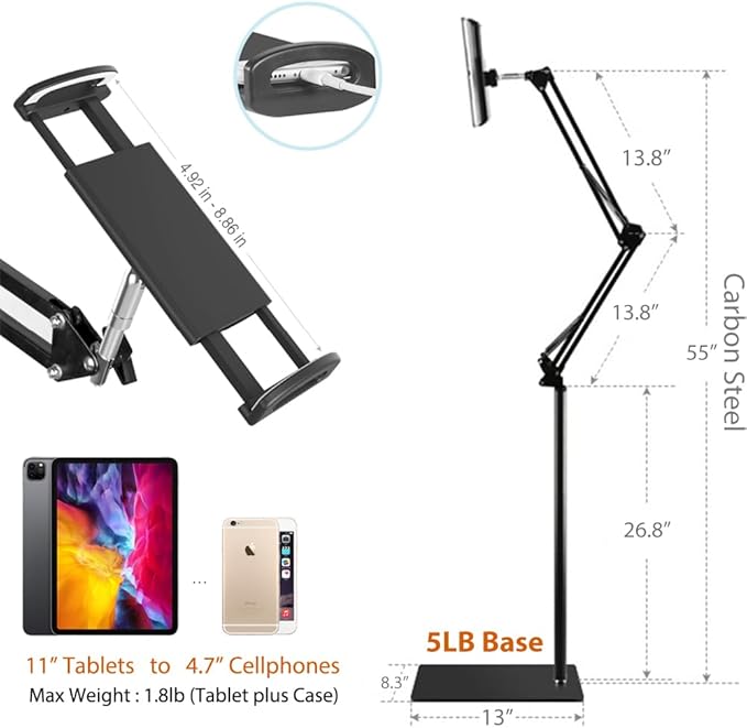 Tablet Floor Stand, Overhead Bed Phone Stand Angle Height Adjustable Holder - Image 3
