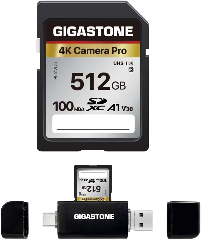 GIGASTONE 512GB SD Card with USB Type C Card Reader, 4K Camera Pro, A1 V30 U3 by Gigastone