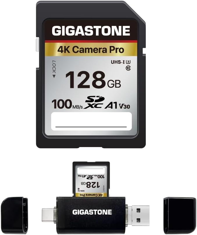 GIGASTONE 128GB SD Card with USB Type C Card Reader, 4K Camera Pro, A1 V30 U3 by Gigastone