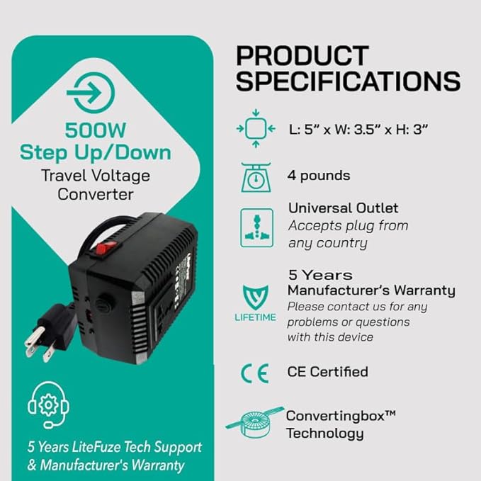 LiteFuze 500 Watt Step Up/Step Down Travel Voltage Converter, 220/110v to - Image 8