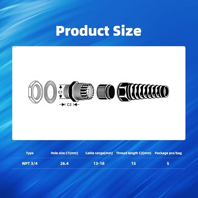 Strain Relief Cord Connector, CGELE 5 Pack NPT 3/4" Waterproof Cable Gland Cord - Image 2