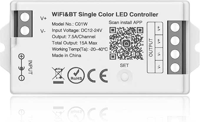 BTF-LIGHTING C01W Monochrome PWM 2PIN LED Strip Dim Brightness 2.4GHz Tuya WiFi by BTF-LIGHTING
