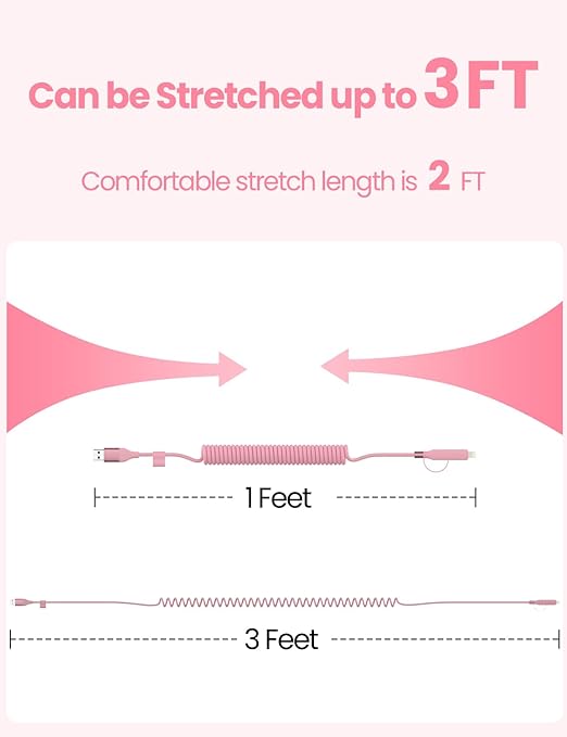 Coiled USB-C and Lightning Cable 2-in-1, 3FT Pink iPhone 15 16 Car Charger Cord - Image 6