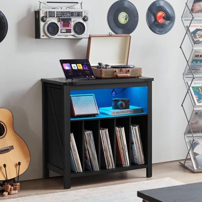 Large Record Player Stand with Charging Station & LED Lights, Vinyl Records - Image 2