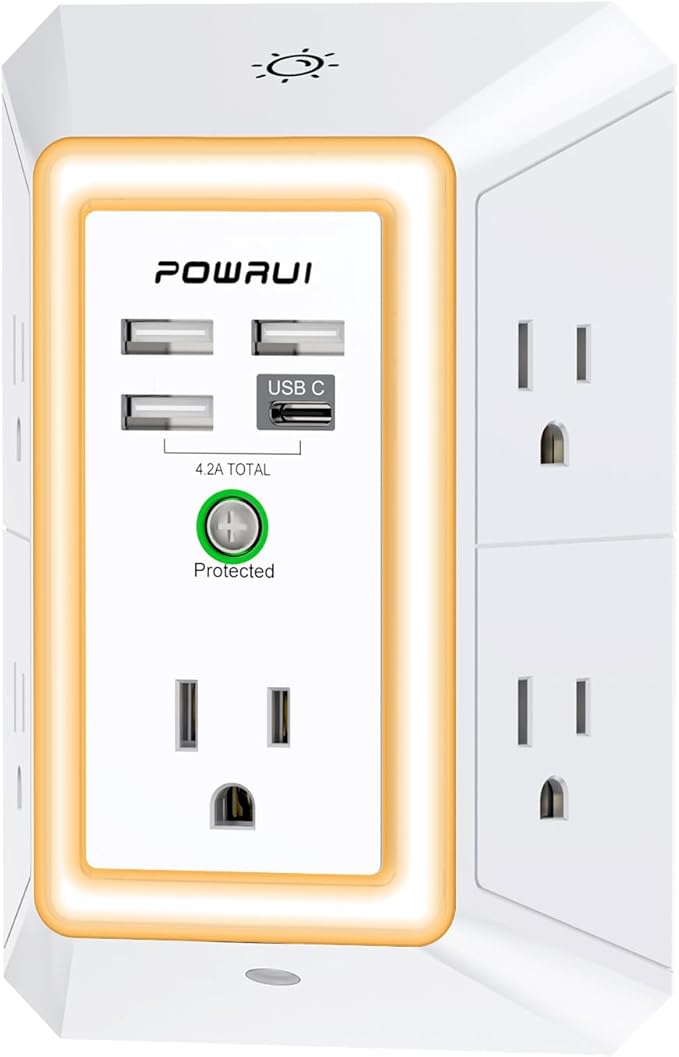 3-Sided Outlet Extender with Night Light by POWRUI