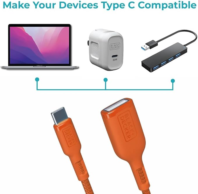 BLACK+DECKER USB C to USB A Adapter, USB C Male to USB Female Adapter Nylon - Image 8