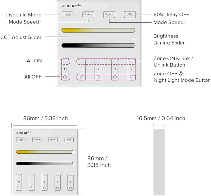BTF-LIGHTING Wireless 2.4G RF 4 Zone Single Color Wall Mounted Smart Panel - Image 5