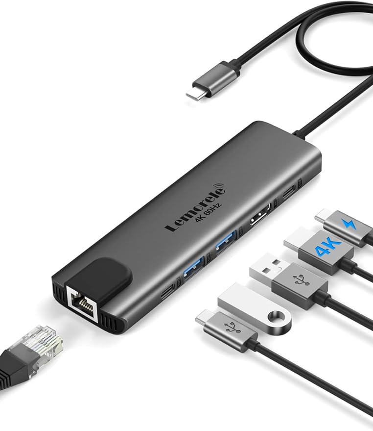 Lemorele USB-C Hub 6-in-1 with 4K@60Hz HDMI, Gigabit Ethernet, 100W Power by Lemorele