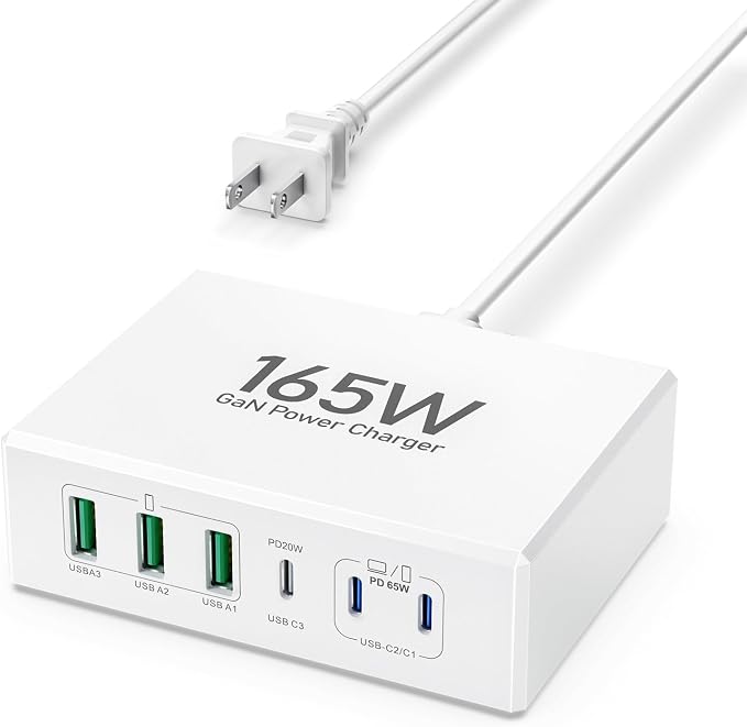 165W USB C Charging Station Hub, 6 Port PD GaN Fast Wall Charger Block Type C by LCGENS