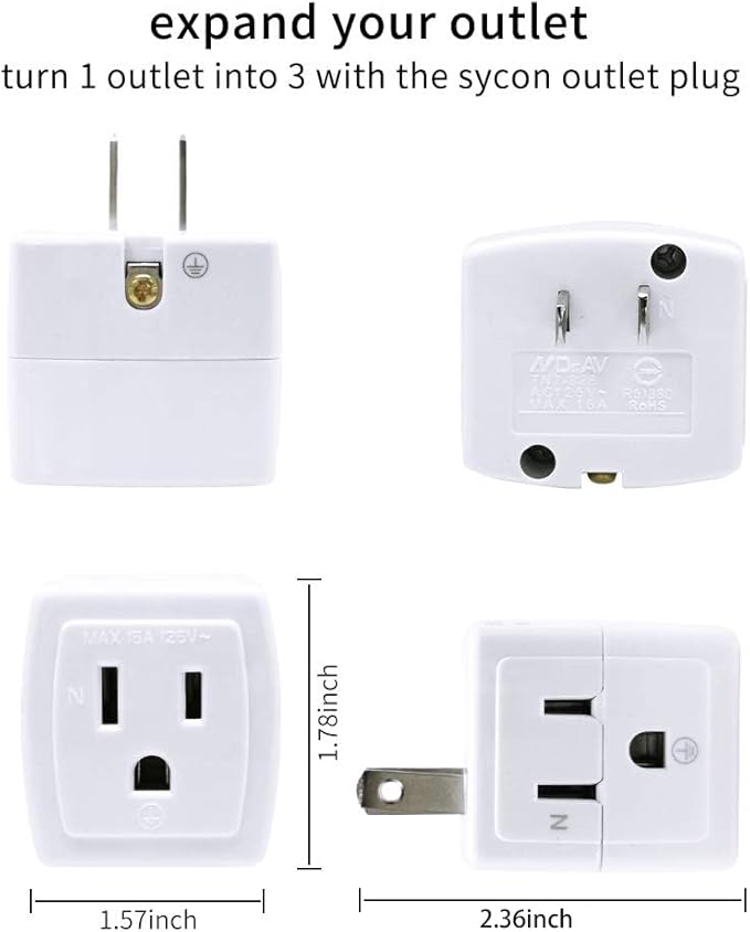SYCON Adapter Outlet Extender, 2-Prong to 3-Prong Mini Wall Plug - Image 3